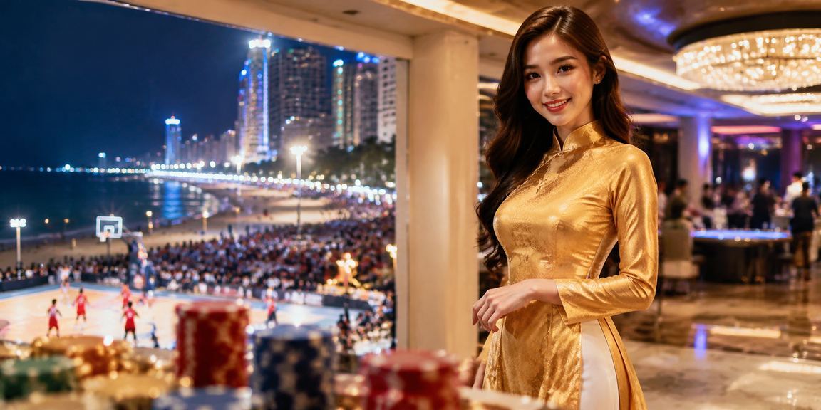 Người dùng Việt Nam theo dõi trận bóng rổ và cá cược trực tuyến tại Nha Trang trong trang phục áo dài